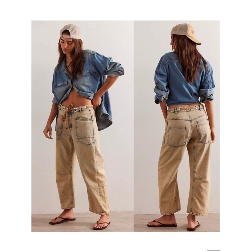 We The Free Moxie Pull-On Barrel Jeans in Cowboy Khaki Paint Splatter Sz 29 NWT